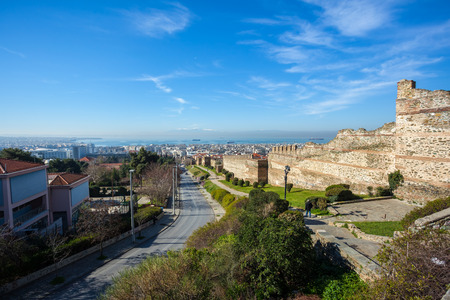 10.03.2018 Thessaloniki, Greece - Panoramic View of Thessaloniki and its Byzantine Wall Ruins, along with Thermaikos Gulf and Mount Olympus in the Background.のeditorial素材