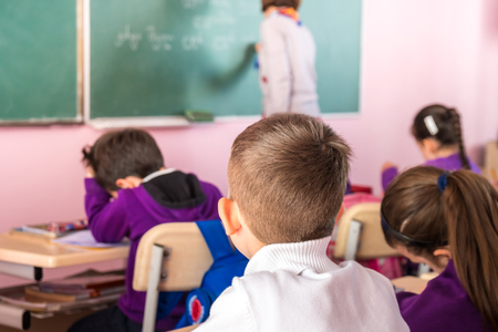 school children actively participate in the educational process in the classroom.の写真素材