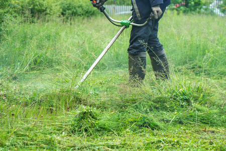 The gardener cutting grass by lawn mower.