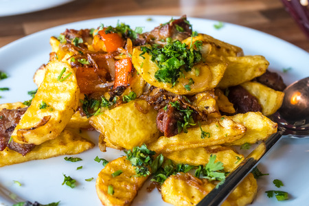 fried potatoes and meat, Ojakhuri - traditional georgian food.