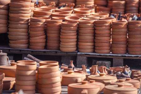 Traditional Georgian clay jugs for sale in the village of Shrosha, Georgia.の写真素材