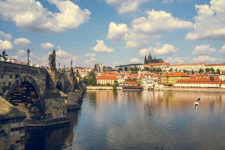 View of the Prague Castle and St. Vitus Cathedral from the Vltava River,Prague, Czech Republic.の写真素材
