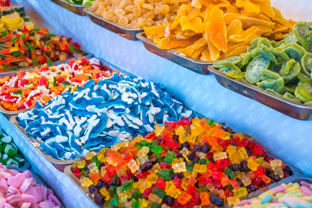 Various Colorful Gummi Candy Sweets at Market.の写真素材