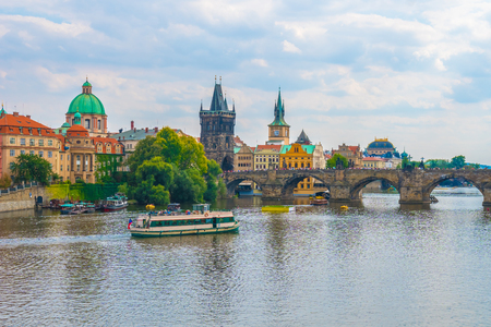 View of the Old Town pier architecture and Charles Bridge over Vltava river in Prague, Czech Republic.の写真素材