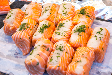 Salmon fillet in fish market, healthy food.の写真素材
