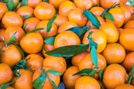 Bunch of fresh tangerines oranges on market.の写真素材