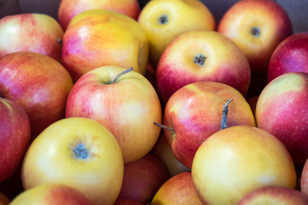 fresh red  apples in a market, healthy food.