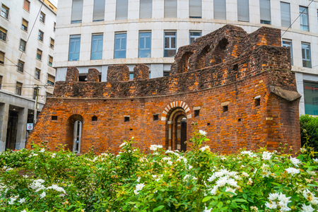 Ruins of San Giovanni in Conca, Old brik wall in the center of Milan, Italy.の写真素材