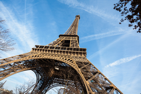 Wide shot of Eiffel Tower with blue sky, Paris, France.の写真素材