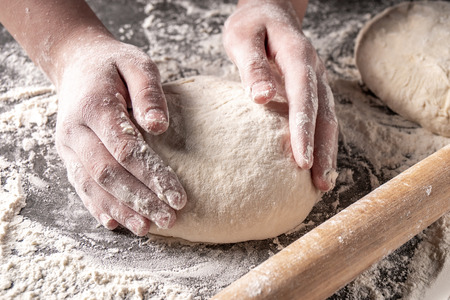 Making dough by female hands at bakery, Production of flour products