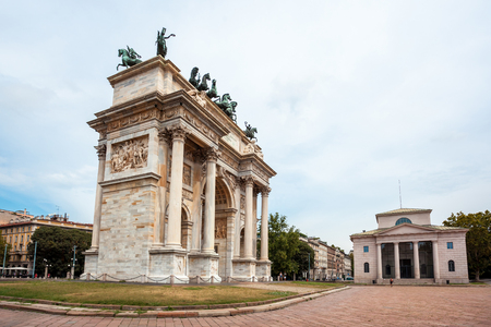 Arch of Peace, or Arco della Pace, city gate in the centre of the Old Town of Milan, Sempione parkの写真素材