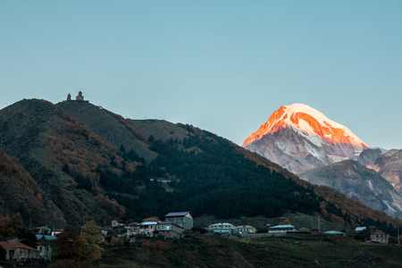 Sunrise on Kazbek mountain in Kazbegi (Stepantsminda), Georgia