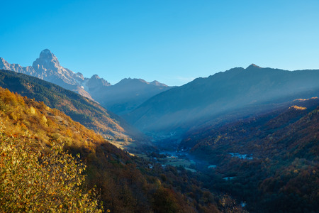 Mount Ushba, one of the most notable peaks of Caucasus Mountains, Svaneti, Georgia. Landscapeの写真素材