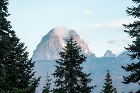 View of Mount Ushba. Ushba is one of the most notable peaks of the Caucasus range, located in the Svaneti region of Georgia. Travel.の写真素材
