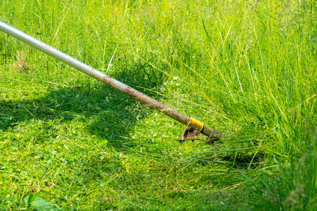 The gardener cutting grass by lawn mower, lawn care. Nature