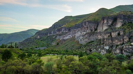 View of Vardzia caves. Vardzia is a cave monastery site in southern Georgia, excavated from the slopes of the Erusheti Mountain on the left bank of the Kura River. Travelの写真素材