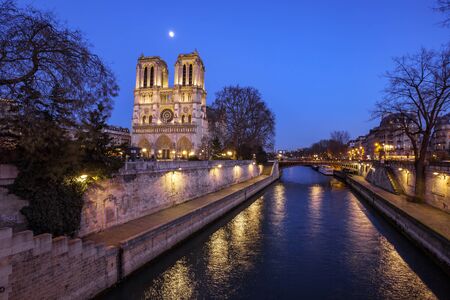 Notre Dame Cathedral in Paris at night, France. Travel.の写真素材