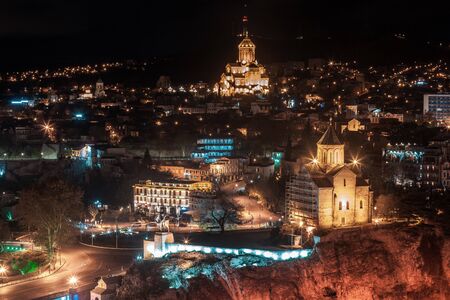 Night view of Tbilisi with Sameba (Trinity) Church and other landmarks. Beautiful Place to travel.