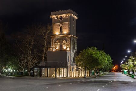 Night view of old clock tower in Poti, Niko Nikoladze tower. Georgia. Travel.の写真素材