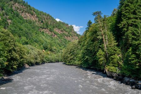 Mountain river Enguri in Svaneti, Georgia. Travel.