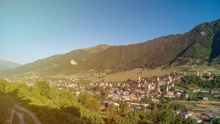 Areal view of beautiful old village Mestia with its Svan Towers. Great place to travel. Georgia.