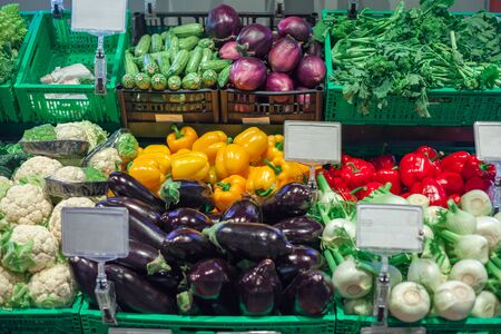 big choice of fresh fruits and vegetables on market counter. Food.の写真素材