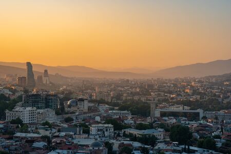 Areal view of Tbilisi City in the evening. Beautiful Place to travel. Georgia.
