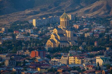 View of the Holy Trinity Cathedral Tsminda Sameba in Tbilisi, Georgia. Travel.の写真素材