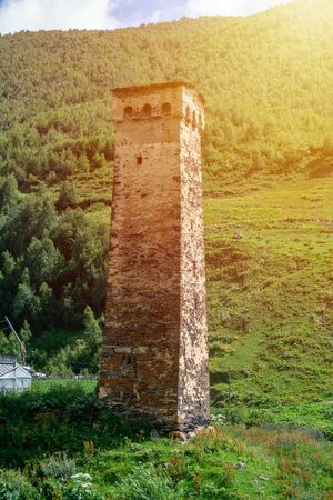 Traditional ancient Svan Towers in Ushguli village, Svaneti, Caucasus. Traveling in Georgia.の写真素材