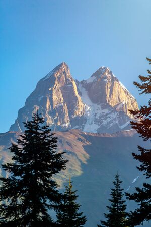 View of Mount Ushba. Ushba is one of the most notable peaks of the Caucasus range, located in the...