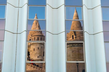 Matthias Church reflection. Fisherman bastion with details on the facade and the whole scene of the castle in Buda, Budapest. Travel.の写真素材