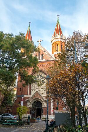 Beautiful brick church in Budapest, Hungary. Religion. Travel.の写真素材