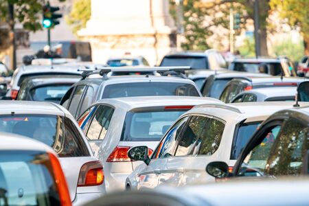 traffic jam in a city street road, Rome, Italyの写真素材