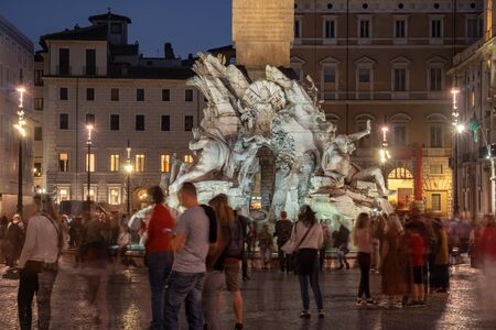 Fountain of the the Piazza Navona at night in Rome, Italy. Travel.の写真素材