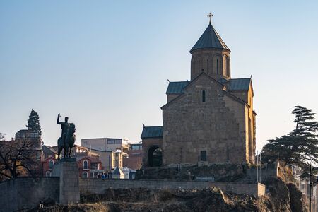 Metekhi Church and monument of King Vakhtang I Gorgasali, Tbilisi. Travel.