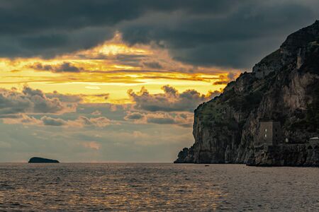Beauriful sunset on Amalfi coast. Positano resort. Seascape.の写真素材