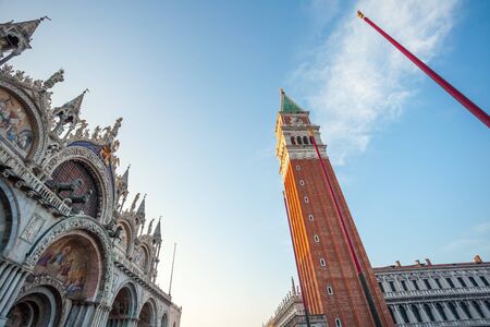 View on the bell tower of the San Marco Basilica in Venice, Italyの写真素材