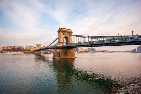Szechenyi Chain Bridge on the Danube river in Budapest, Hungary. Travel.の写真素材