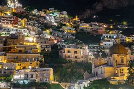 Colorful houses of Positano along Amalfi coast at night, Italy. Night landscape. Travel.の写真素材