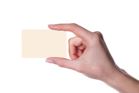 Hand of young women card showing on white background. Business.の写真素材