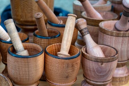 Wooden mortar and pestle for sell in local street market in Tbilisi. Tools.の写真素材