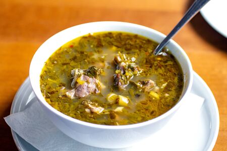 chakapuli, meat and greens soup in white plate, georgian traditional food. Restorant.の写真素材