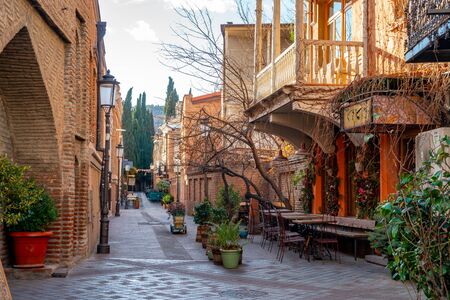 Tbilisi, Georgia 22 January 2020 - Houses with a traditional balconies in Tbilisi. Travel.のeditorial素材