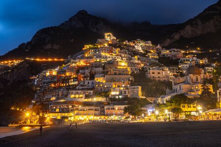 Colorful houses of Positano along Amalfi coast at night, Italy. Night landscape. Travel.の写真素材