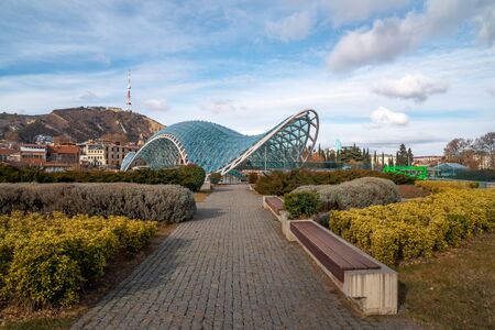 Bridge of peace, glassed bridge above river in Tbilisi, Georgia. Travel.のeditorial素材