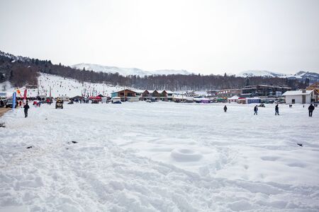 Bakuriani, Georgia February 15, 2020 - Rental snowmobiles in a ski resort of Bakuriani. Holiday.のeditorial素材