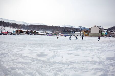 Bakuriani, Georgia February 15, 2020 - Rental snowmobiles in a ski resort of Bakuriani. Holiday.のeditorial素材