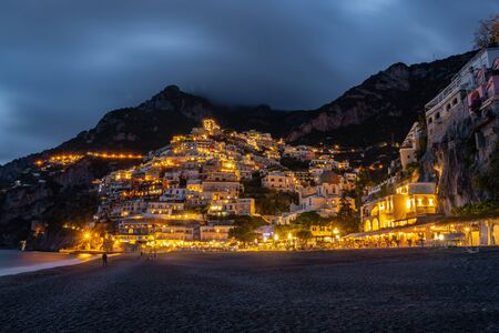 Beautiful Landscape with Positano town at famous amalfi coast at night, Italy. Travelの写真素材
