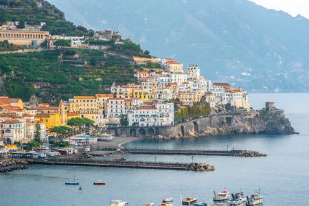 Amalfi cityscape on coast line of mediterranean sea, Italy