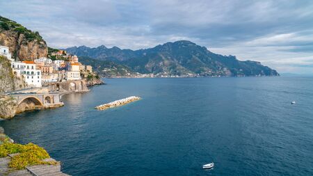 Amalfi cityscape on coast line of mediterranean sea, traveling in Italyの写真素材